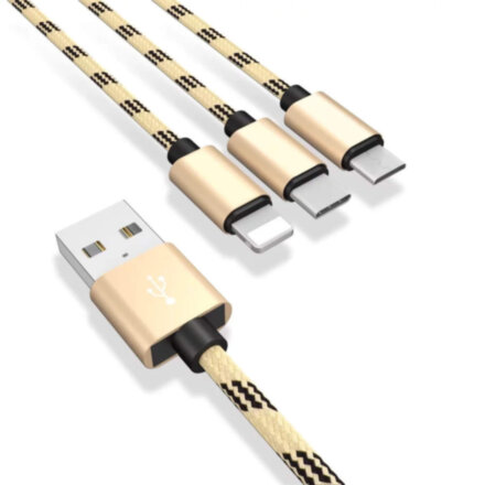 Кабель USB для зарядки 3в1 Lightning, Micro, Type-C 2м (тканевый)