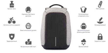 Умный рюкзак антивор с защитой от карманников, серый